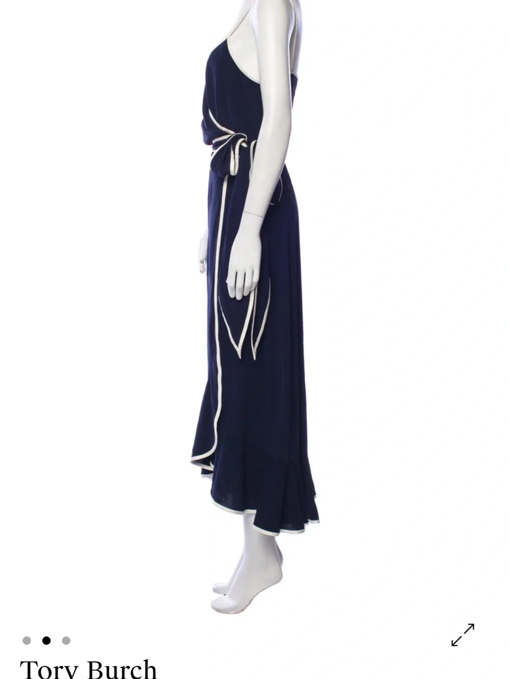Tory Burch Navy Wrap Midi Dress with Ivory Trim Accents